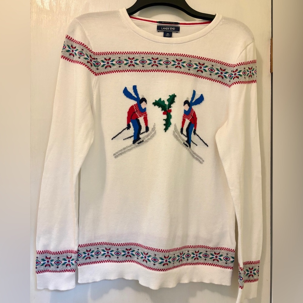 Lands’ End Supima Cotton White Christmas Winter Sweater Ski Theme Size Medium